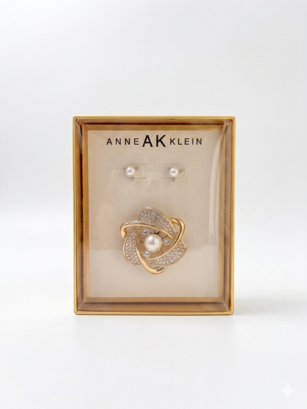 Anne Klein Gold Pearl & Crystal Knot Brooch with Studs